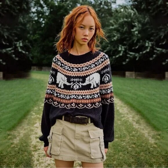 Free People Oversized boxy boucle Nellie Fair Isle Elephant Cozy Sweater 🐘 ❤️ - Picture 5 of 10